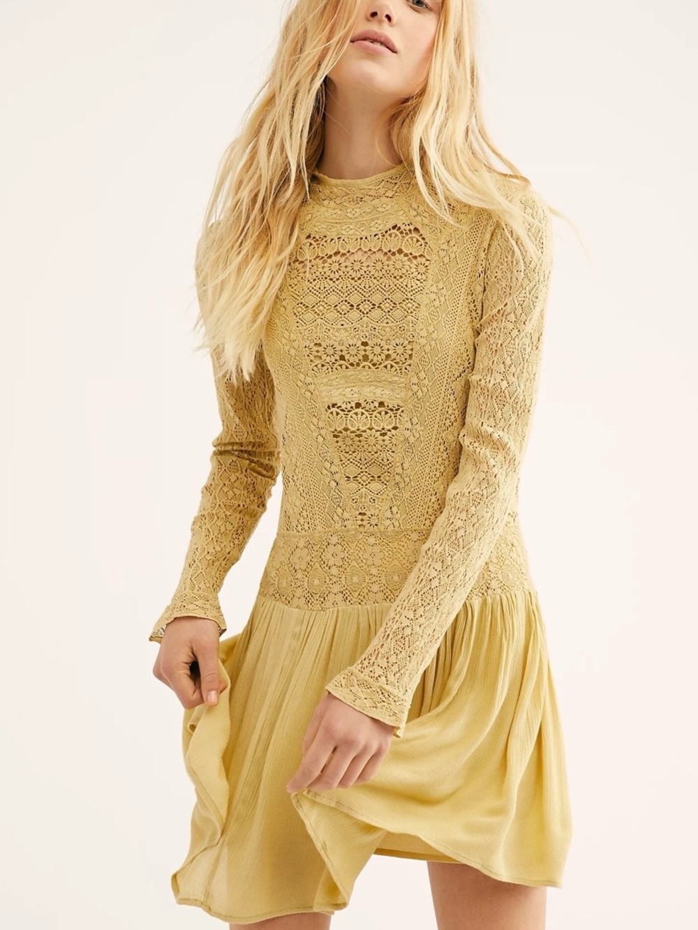 Free People Lace Bodice Long Sleeve Mini Dress in Mustard